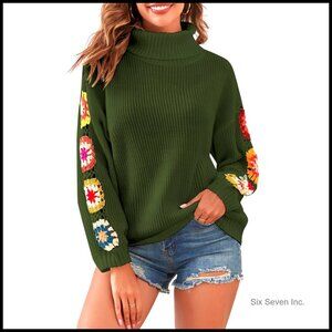 Oversized Turtleneck Sweater Boho Knit Pullover Puff Sleeve Crochet Top